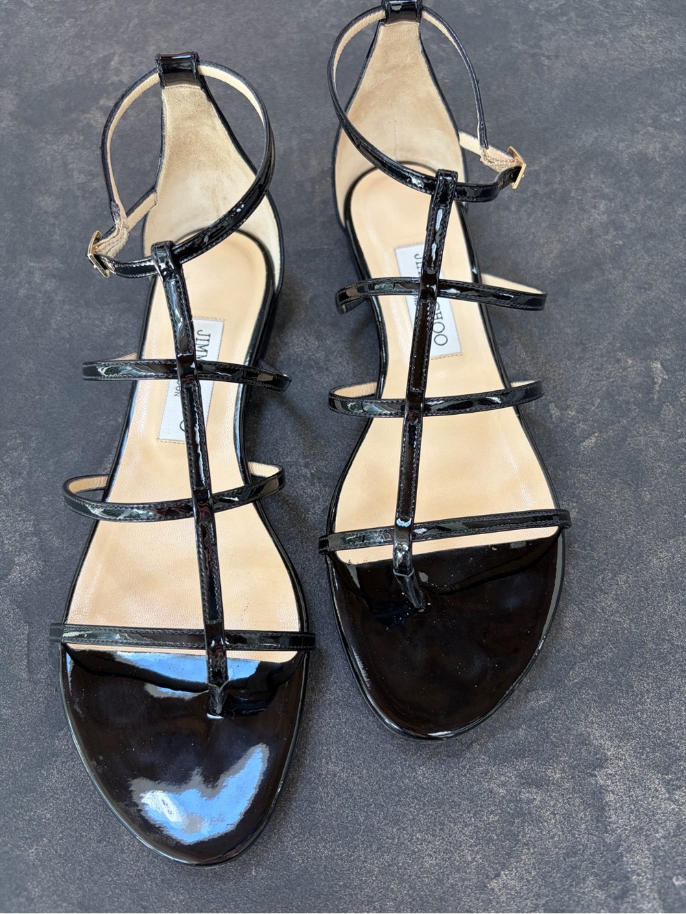 Jimmy Choo Black Patent Multi-Strap Ankle Sandals - Picture 6 of 10